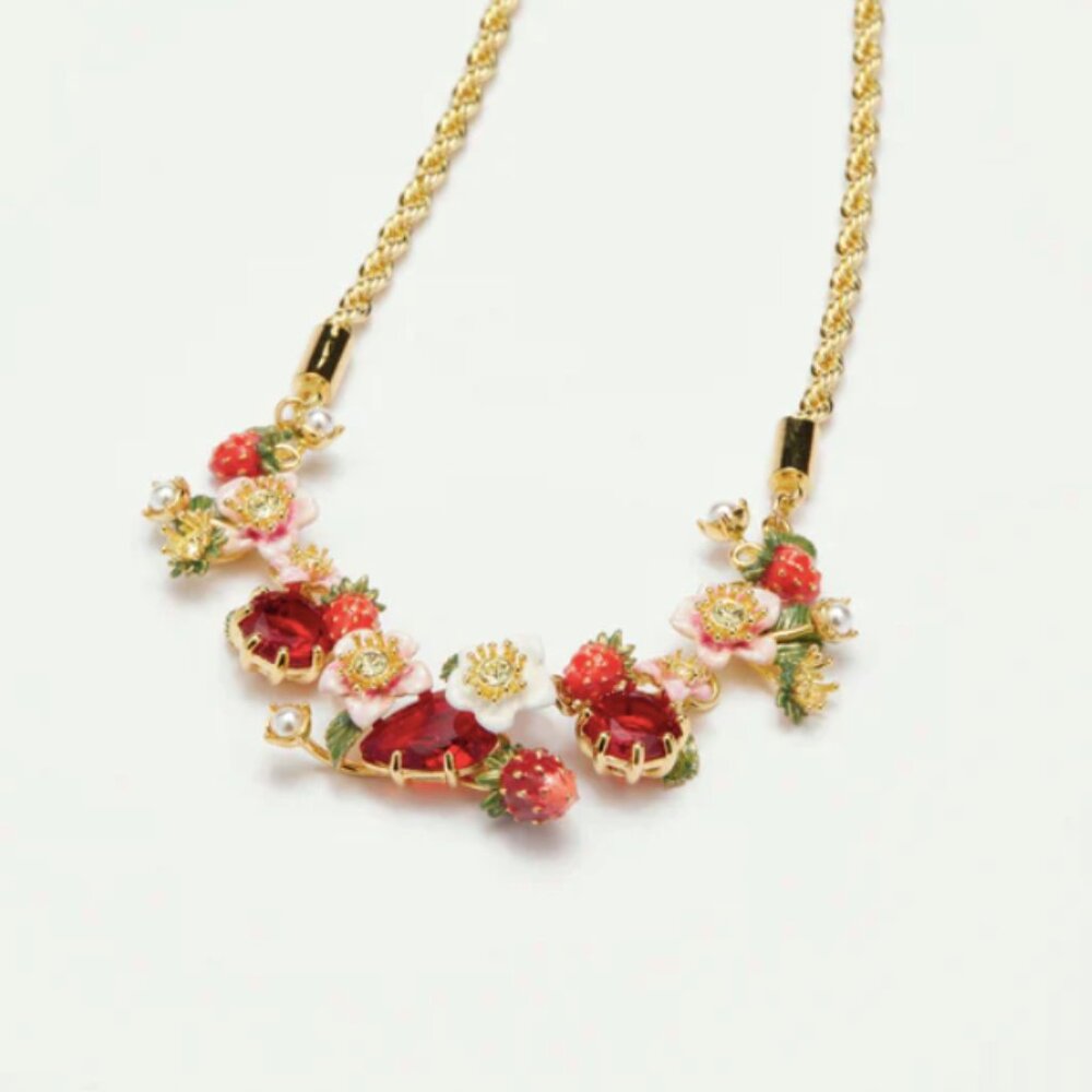 Nice necklace with flowers, strawberries and red stones